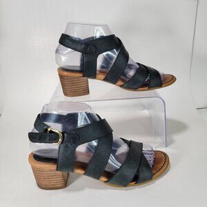 Born Womens 7 Brushed Black Leather Cross Strap Block Heel Comfort Sandal Summer